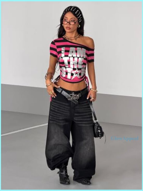 Off Shoulder Striped Tee with Ruched Sides Y2K Fitted Top - Picture 5 of 6